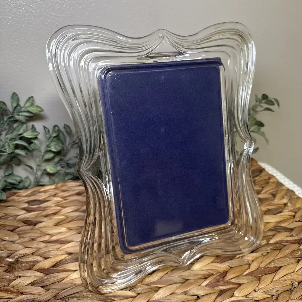 Large Clear Art Glass Picture Frame 5x7 Wavy Sculptural Tabletop Display Vtg